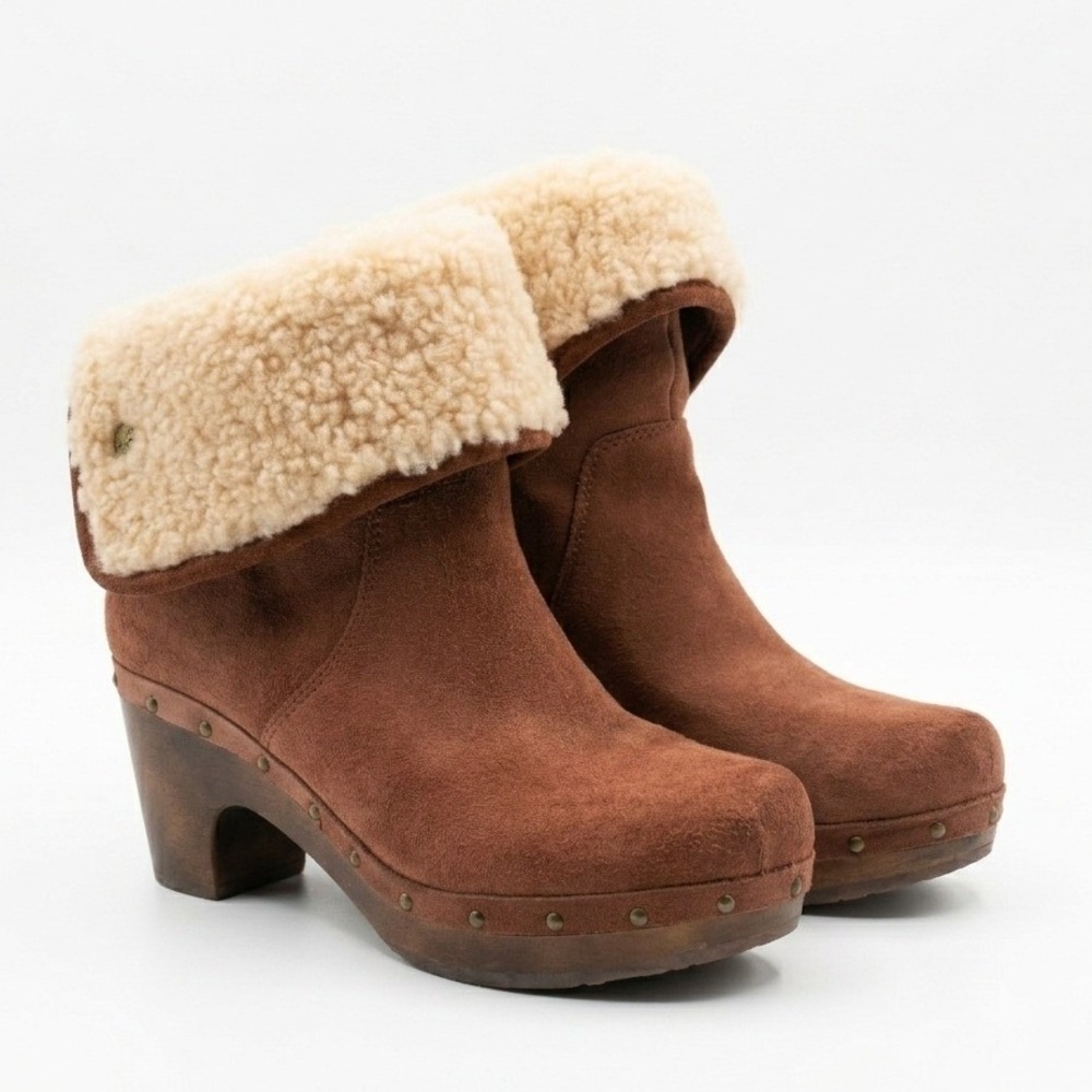 UGG Lynnea Clog Boots Womens 6 Brown Suede Shearling Cuff Ankle Boot